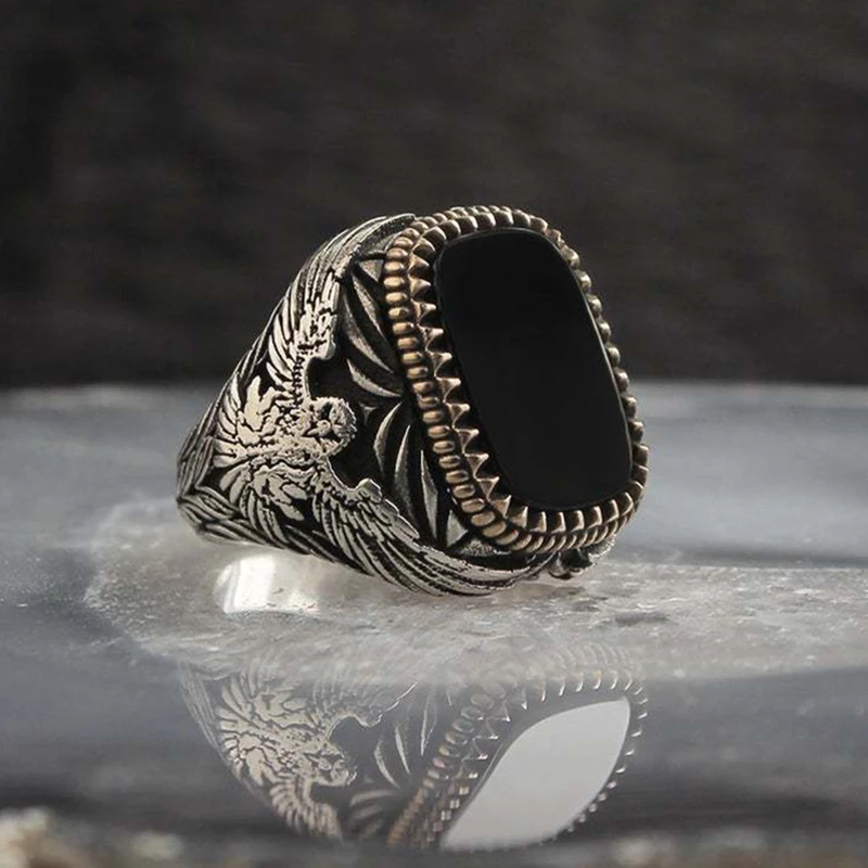 

Handmade Signet Turkish Men Ring Vintage Trendy Two Tone Inlaid Black Zircon Metal Eagle Punk Rings Wedding Party Retro Jewelry