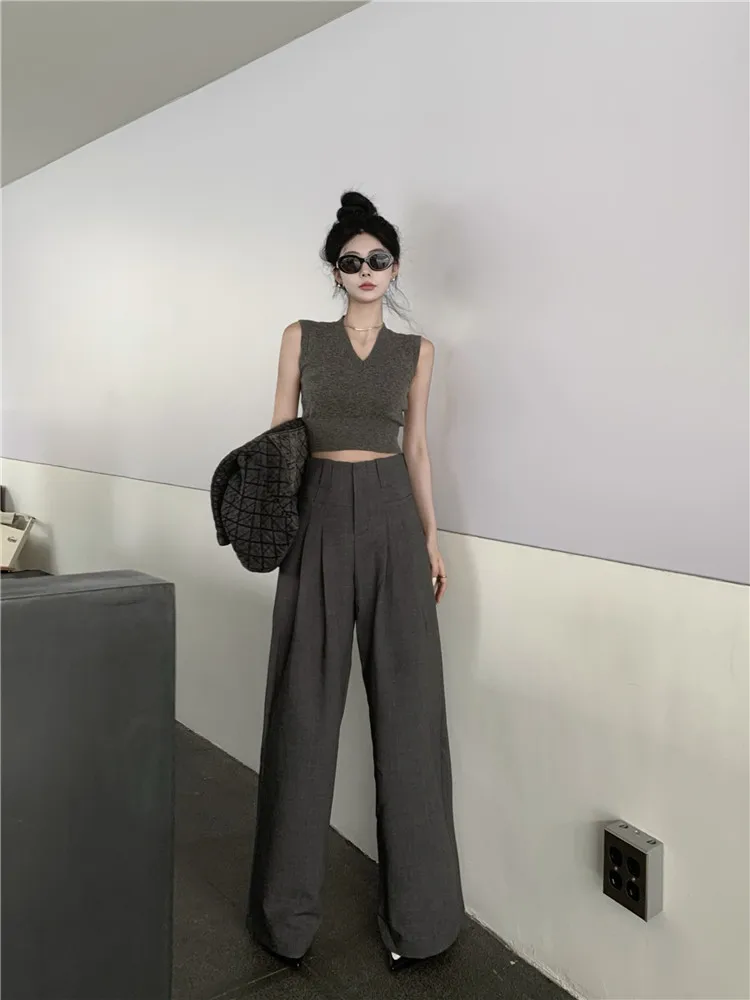 Gray Straight Suit Pants Women's 2022 Autumn Loose High Waist Wide Leg Pants Grey Vest Top Dress Trousers
Gray Straight Suit Pants Women's 2022 Autumn Loose High Waist Wide Leg Pants Grey Vest Top Dress Trousers