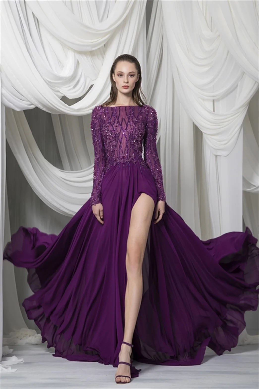 Luxurious Purple A Line Evening Dresses Long Sleeves Illusion Sequined Side Split Prom Gowns Elegant Women Celebrity Party Dress
Luxurious Purple A Line Evening Dresses Long Sleeves Illusion Sequined Side Split Prom Gowns Elegant Women Celebrity Party Dress