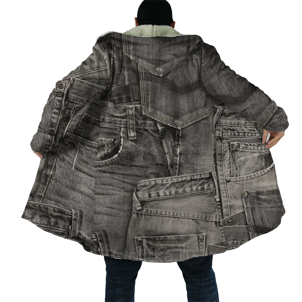 

HX Winter Cape Retro Old Jeans Splicing 3D Printed Hooded Cloak Fake Denim for Men Windproof Fleece Hoodie Blanket Mens Coat