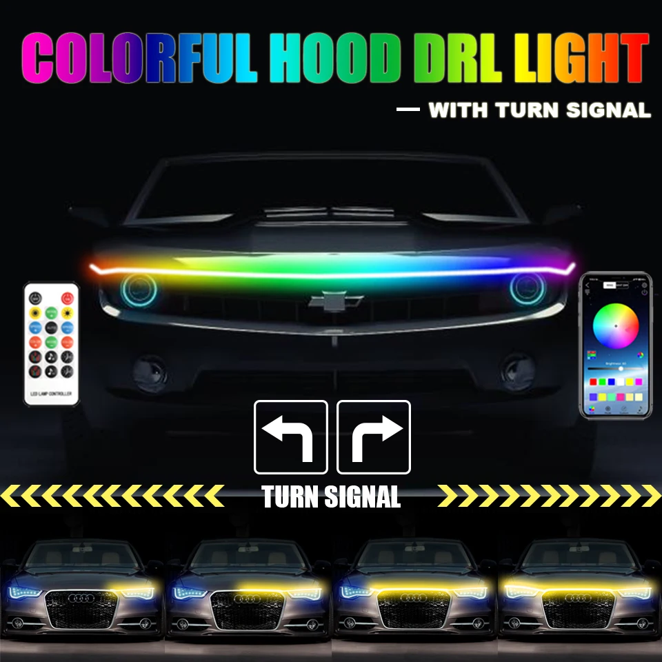 Colorful Car Hood Light LED Strip With Turn Signal DRL Daytime Running Lights Auto Head Lamp Remote App RGB Flowing Styling 12V
Colorful Car Hood Light LED Strip With Turn Signal DRL Daytime Running Lights Auto Head Lamp Remote App RGB Flowing Styling 12V