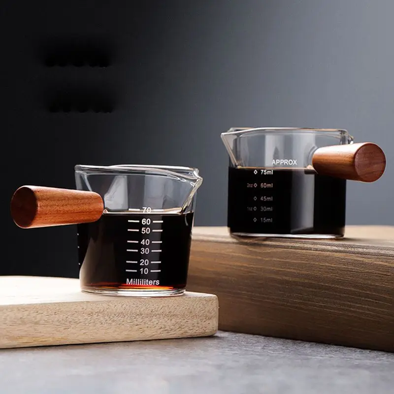 

75ml Espresso Coffee Cup Ounce Cup With Scale And Wooden Handle High Borosilicate Glass Measuring Cup