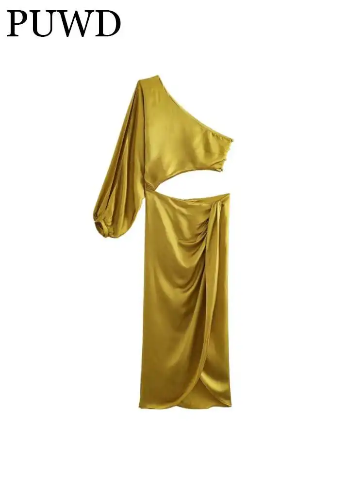

Женское однотонное платье-миди PUWD, летнее винтажное платье с косым плечом, одним рукавом и молнией сзади, 2023
