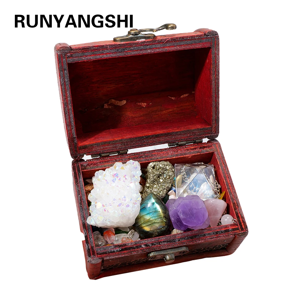 

Natural Crystal Treasure Seeking Box Energy Amethyst Cluster Aura Clear Quartz Pyramid Gem Collection Gift