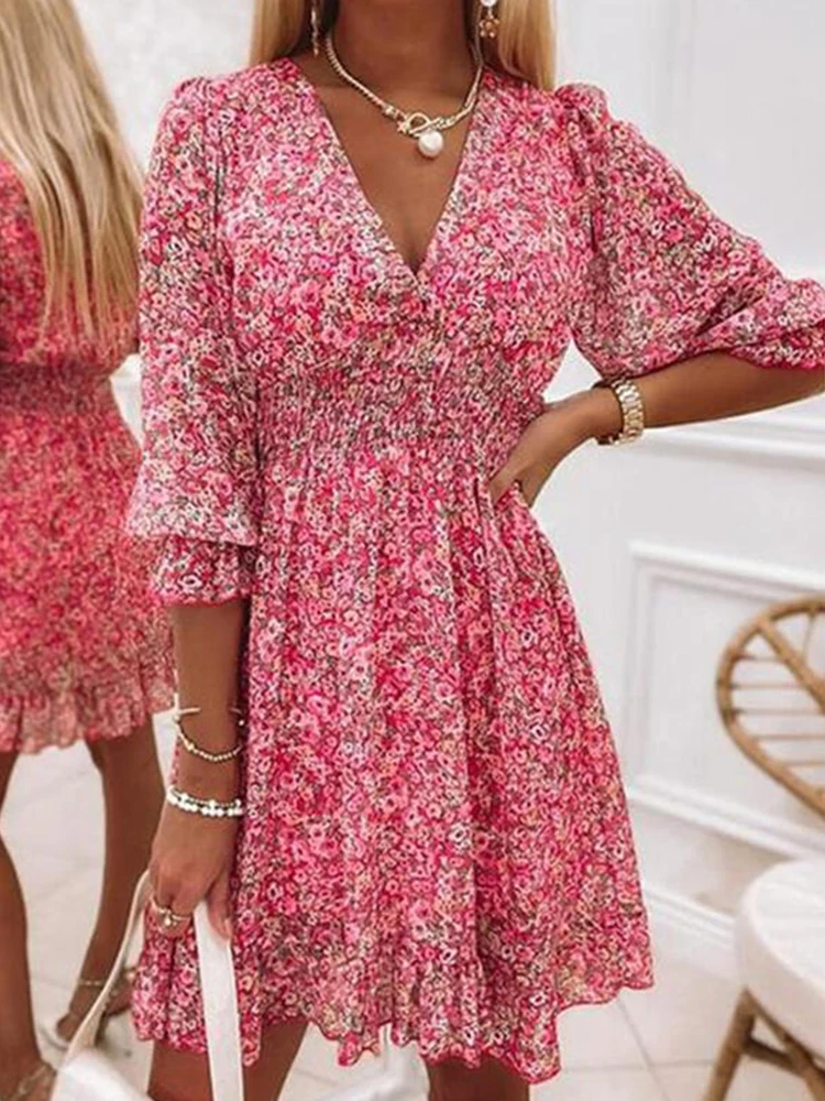 Women Fashion Floral Print Boho Mini Dress Spring Deep V Neck Draped Party Dress Summer 3/4 Sleeve Ruffle Office Beach Dresses
Women Fashion Floral Print Boho Mini Dress Spring Deep V Neck Draped Party Dress Summer 3/4 Sleeve Ruffle Office Beach Dresses