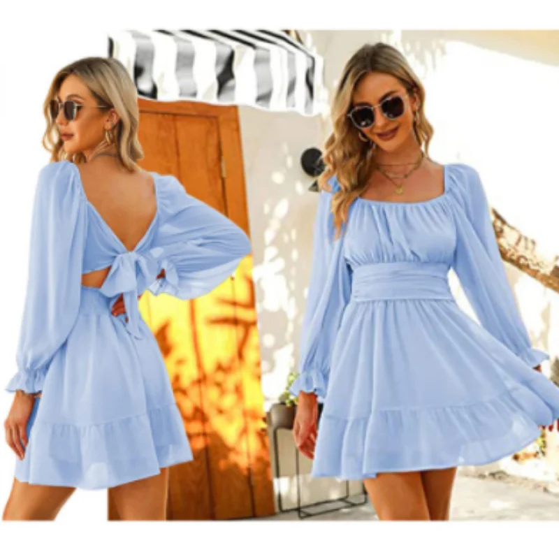 Tie Back Long Sleeve Square Neck Ruffle Bow Dress 2023 Women Sexy Backless Mini Dress Elastic Waist Party Vestido Feminino
Tie Back Long Sleeve Square Neck Ruffle Bow Dress 2023 Women Sexy Backless Mini Dress Elastic Waist Party Vestido Feminino