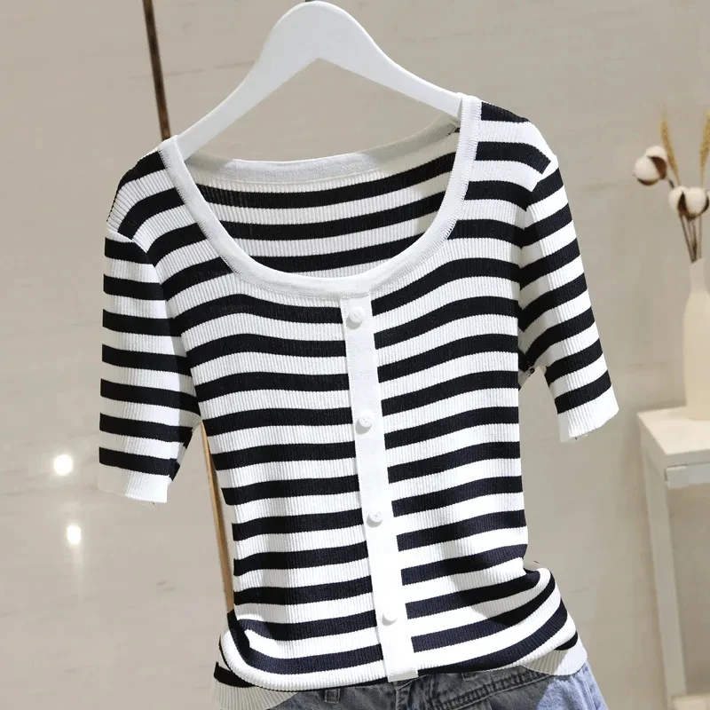 Ice Stripe Short Sleeve t-shirts Knitwear Women's Summer tops Thin Pullover Square Neck T-shirt Top P3 899
Ice Stripe Short Sleeve t-shirts Knitwear Women's Summer tops Thin Pullover Square Neck T-shirt Top P3 899