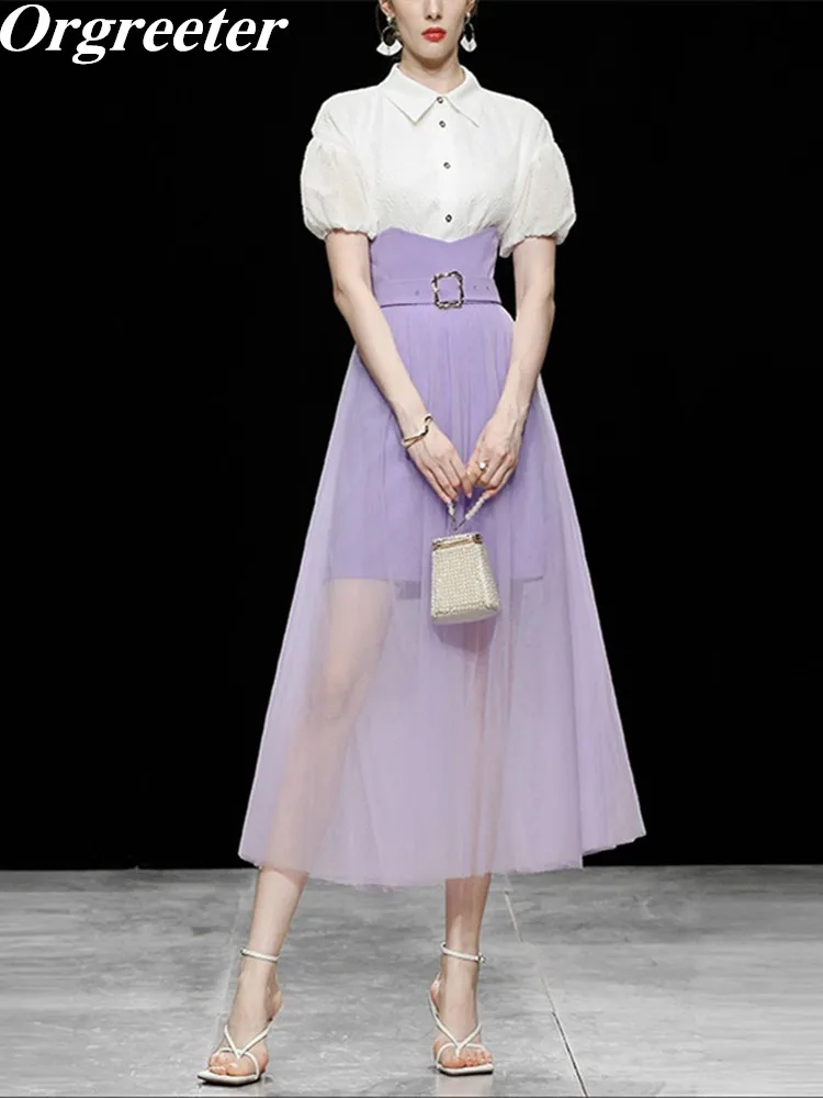 2022 Summer New Elegant Two Piece Set Women Puff Sleeve Ladies Top Shirt+High waist Purple Mesh Culottes Suits Female
2022 Summer New Elegant Two Piece Set Women Puff Sleeve Ladies Top Shirt+High waist Purple Mesh Culottes Suits Female