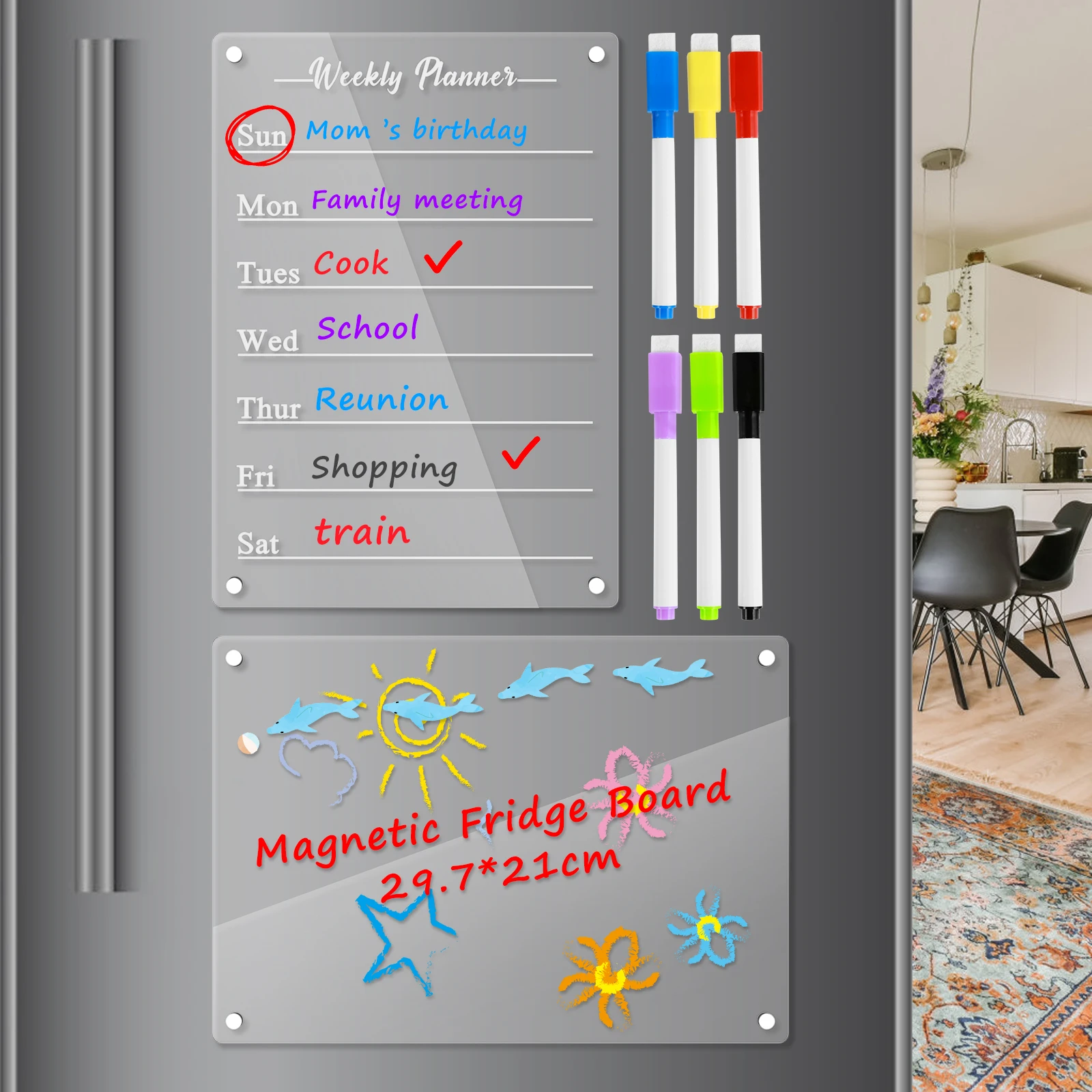 2Pcs Magnetic Acrylic Calendar for Fridge Transparent Acrylic Dry Erase Board Reusable Magnetic Planning Boards w/ 6 Marker Pens
2Pcs Magnetic Acrylic Calendar for Fridge Transparent Acrylic Dry Erase Board Reusable Magnetic Planning Boards w/ 6 Marker Pens