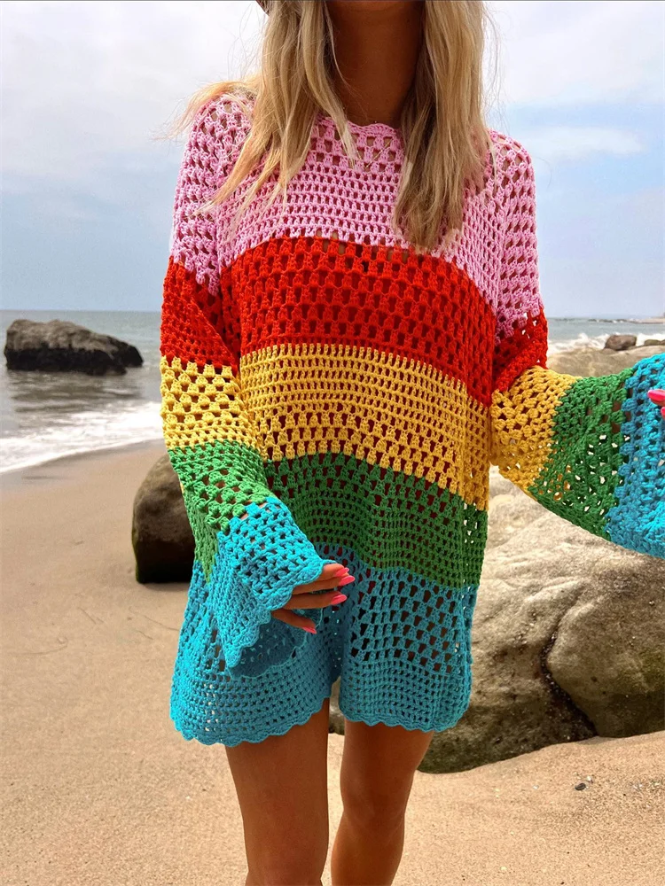 Knitted Crochet Cutout Long Sleeve Mini Dress for Women Beachwear Bikini Cover Ups
Knitted Crochet Cutout Long Sleeve Mini Dress for Women Beachwear Bikini Cover Ups