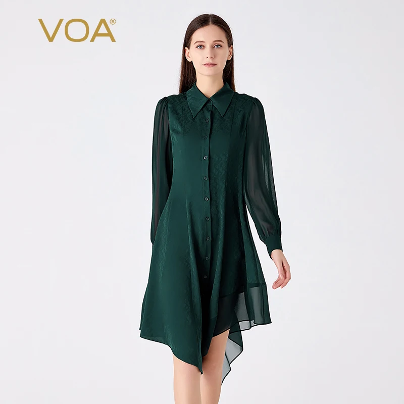 VOA Silk Jacquard Green POLO Collar Georgette Shirt Long Sleeves Dresses Women Single Breasted Office Ladies Silk Dress AE1980
VOA Silk Jacquard Green POLO Collar Georgette Shirt Long Sleeves Dresses Women Single Breasted Office Ladies Silk Dress AE1980