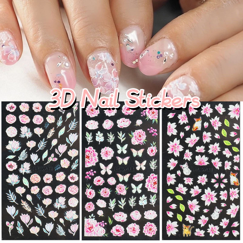 

5D Nail Stickers Flowers Geometric Lines Decor Acrylic Embossed Sliders Gold Frame Nail Decals Cherry Blossom Manicure