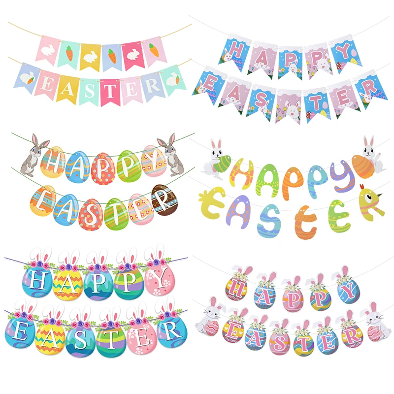 

1set Happy Easter Colorful Letter Banner Carrot Cute Rabbit Multicolored Egg Print Festival Party DIY Home Decoration Pendant