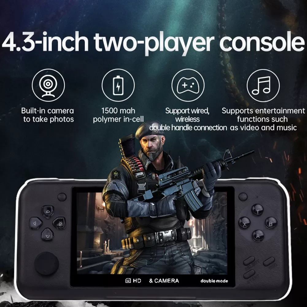 2023New Newest 4.3 inch Handheld Retro Arcade Portable Game Console 8GB Color Screen 1000 Games Dual Joystick Support for PS1/FB
2023New Newest 4.3 inch Handheld Retro Arcade Portable Game Console 8GB Color Screen 1000 Games Dual Joystick Support for PS1/FB