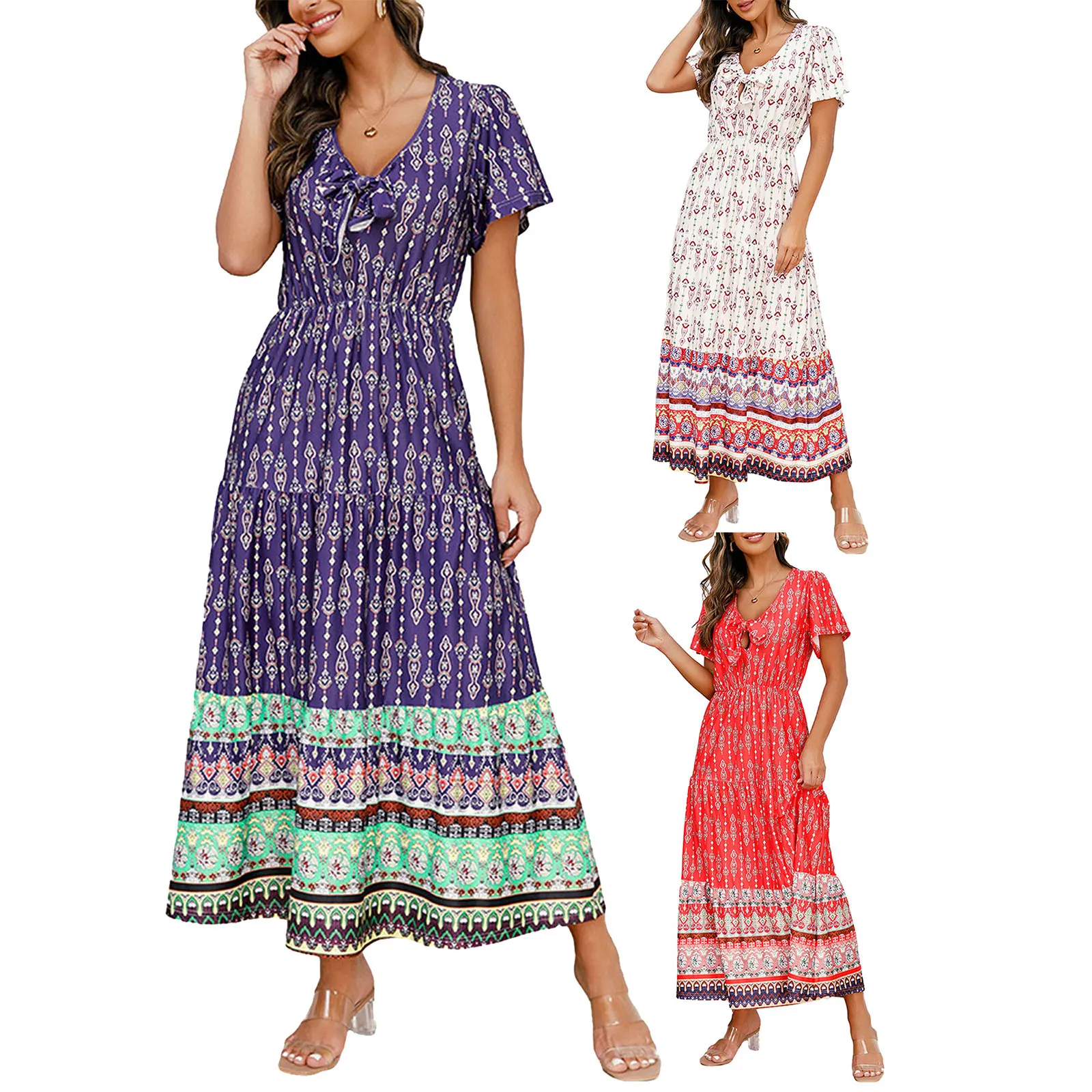 Women Summer Bohemian Long Dress Ladies Elegant Short Sleeve V Neck Graphic Print Loose Beach Dress
Women Summer Bohemian Long Dress Ladies Elegant Short Sleeve V Neck Graphic Print Loose Beach Dress