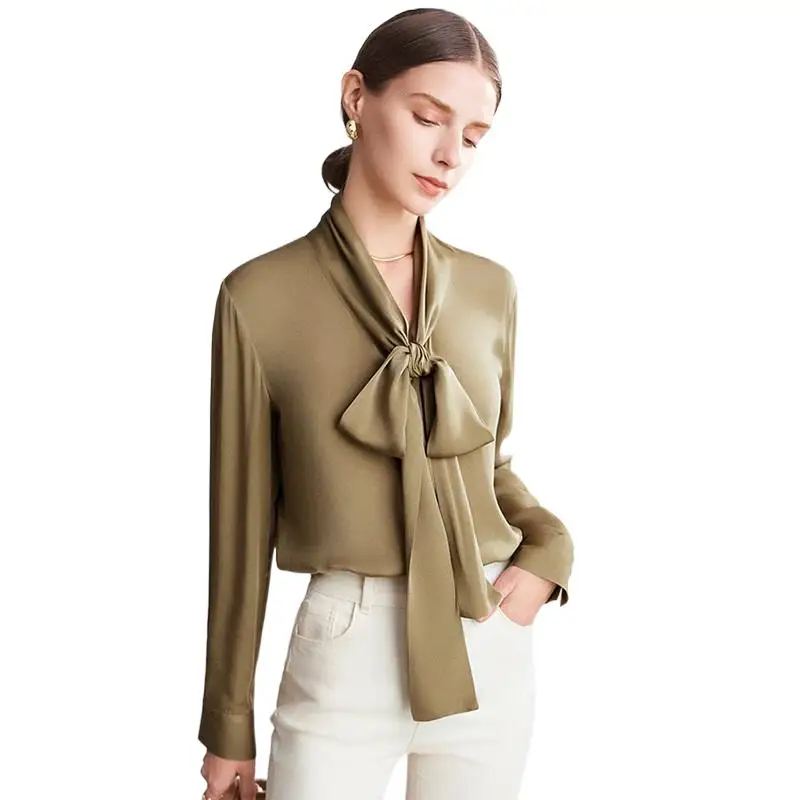 Real Silk Solid Long Sleeve Bow Collar Shirts For Woman 93% Silk 7% Spandex Office Chic Female Blouse Spring Autumn Elegant Tops
Real Silk Solid Long Sleeve Bow Collar Shirts For Woman 93% Silk 7% Spandex Office Chic Female Blouse Spring Autumn Elegant Tops