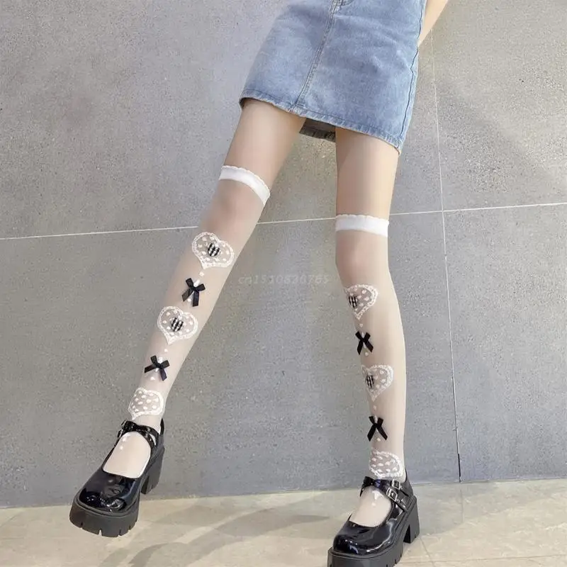 Women Lolita Glass Fiber Thigh High Stockings Sweet Lace Heart Jacquard Kawaii Bowknot Sheer Mesh Over Knee Long Socks
Women Lolita Glass Fiber Thigh High Stockings Sweet Lace Heart Jacquard Kawaii Bowknot Sheer Mesh Over Knee Long Socks