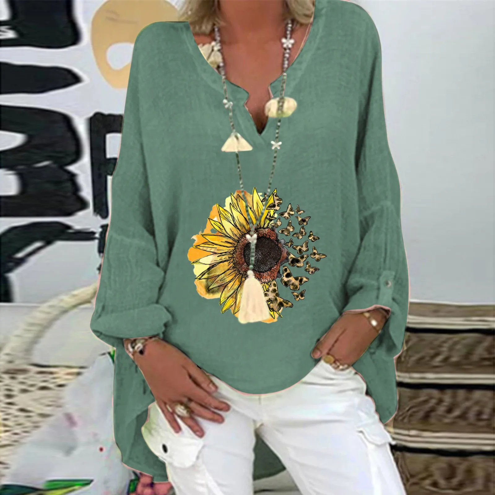 Women Summer Casual Top Printed Cotton Linen Long Sleeve Shirt Solid Color V Neck Mid Length Top Thin Cotton Shirts for Women
Women Summer Casual Top Printed Cotton Linen Long Sleeve Shirt Solid Color V Neck Mid Length Top Thin Cotton Shirts for Women