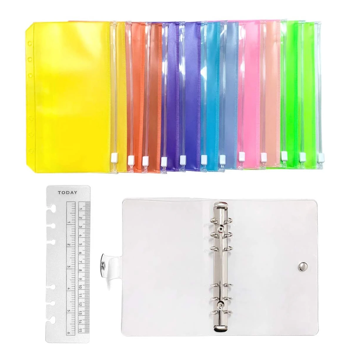 A6 Clear PVC 6 Ring Binder Budget Planner Organizer Notebook Waterproof Folders with 12 Colorful Zipper Binder Pockets,A Ruler
A6 Clear PVC 6 Ring Binder Budget Planner Organizer Notebook Waterproof Folders with 12 Colorful Zipper Binder Pockets,A Ruler
