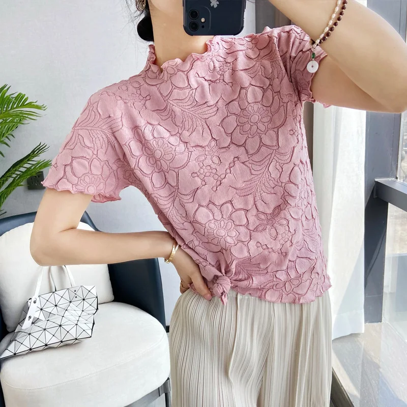 Embroidered Miyake Pleated Stand Collar Short Sleeve T-Shirt Loose Top Solid Color Embroidered Doll Sleeve Women's
Embroidered Miyake Pleated Stand Collar Short Sleeve T-Shirt Loose Top Solid Color Embroidered Doll Sleeve Women's