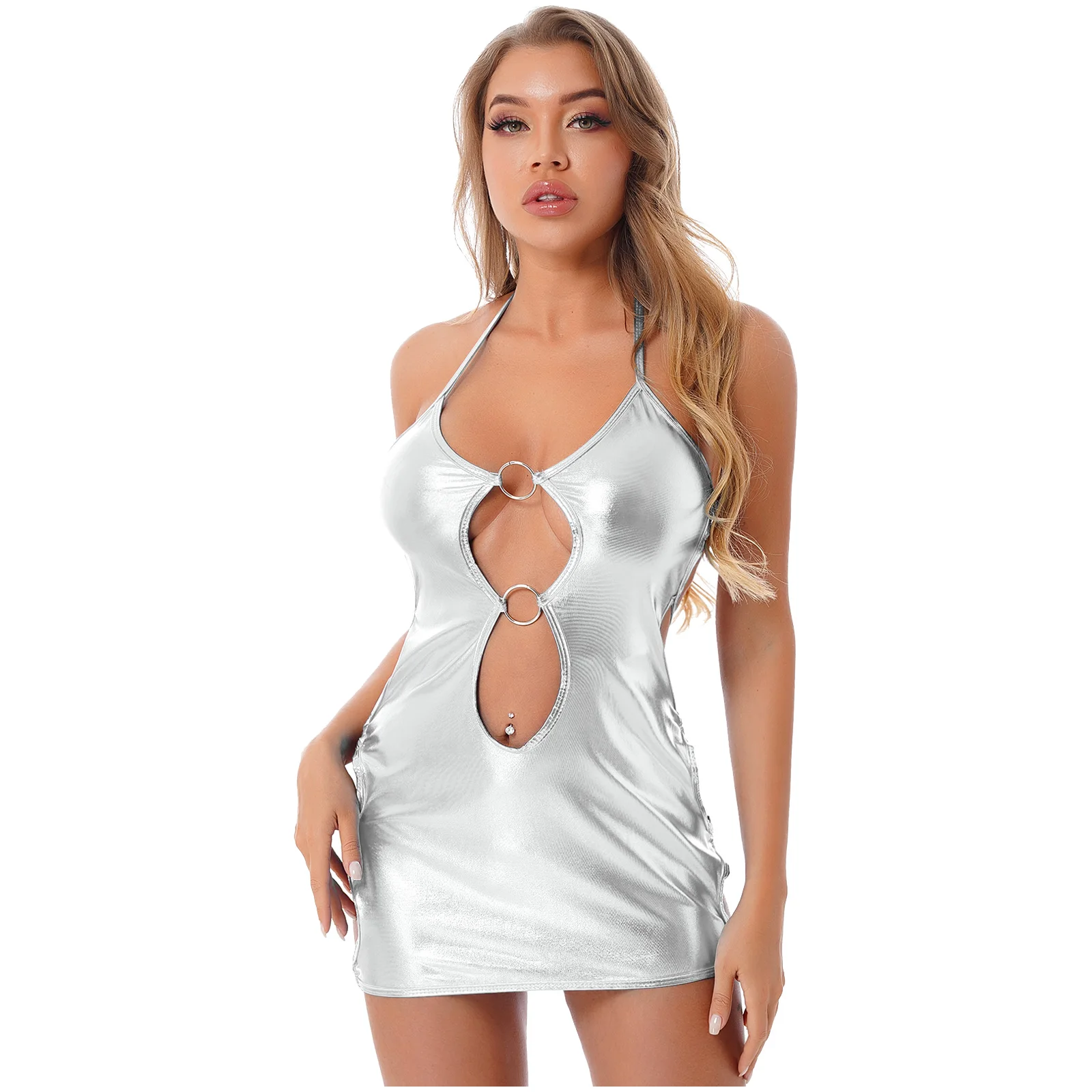 Womens Fashion Metallic Color Patent Leather Cutout Dress Party Club Stage Costume Shiny Halter Lace-up O-ring Sexy Mini Dresses
Womens Fashion Metallic Color Patent Leather Cutout Dress Party Club Stage Costume Shiny Halter Lace-up O-ring Sexy Mini Dresses