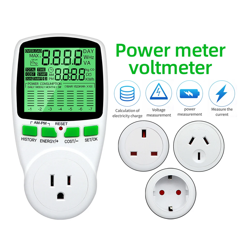 EU Plug Socket Watt Meter Digital Current Meter Voltmeter AC Power Meter Time Watt Power Energy Tester Wattmeter US UK AU Plug
EU Plug Socket Watt Meter Digital Current Meter Voltmeter AC Power Meter Time Watt Power Energy Tester Wattmeter US UK AU Plug