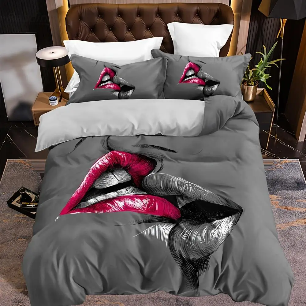 

Couple Bedding Kiss Sketch Crimson Lips Kissing Guest Room Duvet Cover Set 3pcs(1pc* Duvet Cover+2pcs Pillowcase,No Pillow Core)