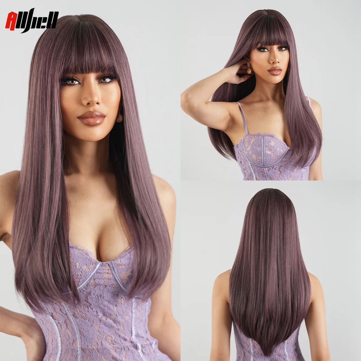 

Длинные прямые искусственные фиолетовые парики с челкой, синтетические парики для косплея, натуральные волосы для черных женщин, термостойкие, для повседневного использования в стиле "Лолита"