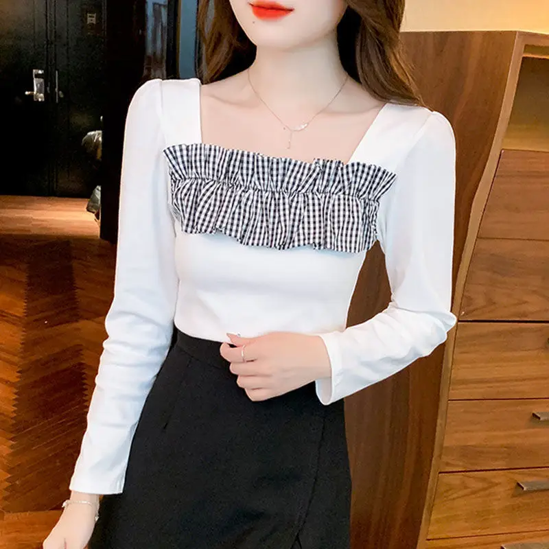 2022 new long-sleeved shirt stroke salt pullover top temperament square collar exposed collarbone color matching plaid shirt
2022 new long-sleeved shirt stroke salt pullover top temperament square collar exposed collarbone color matching plaid shirt