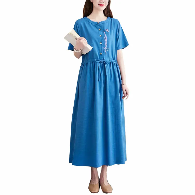 Summmer Woman Cotton Linen Mid-calf Vintage Dress Belt Embroidery Button O-neck New Fashion Short Sleeves Dresses Female
Summmer Woman Cotton Linen Mid-calf Vintage Dress Belt Embroidery Button O-neck New Fashion Short Sleeves Dresses Female