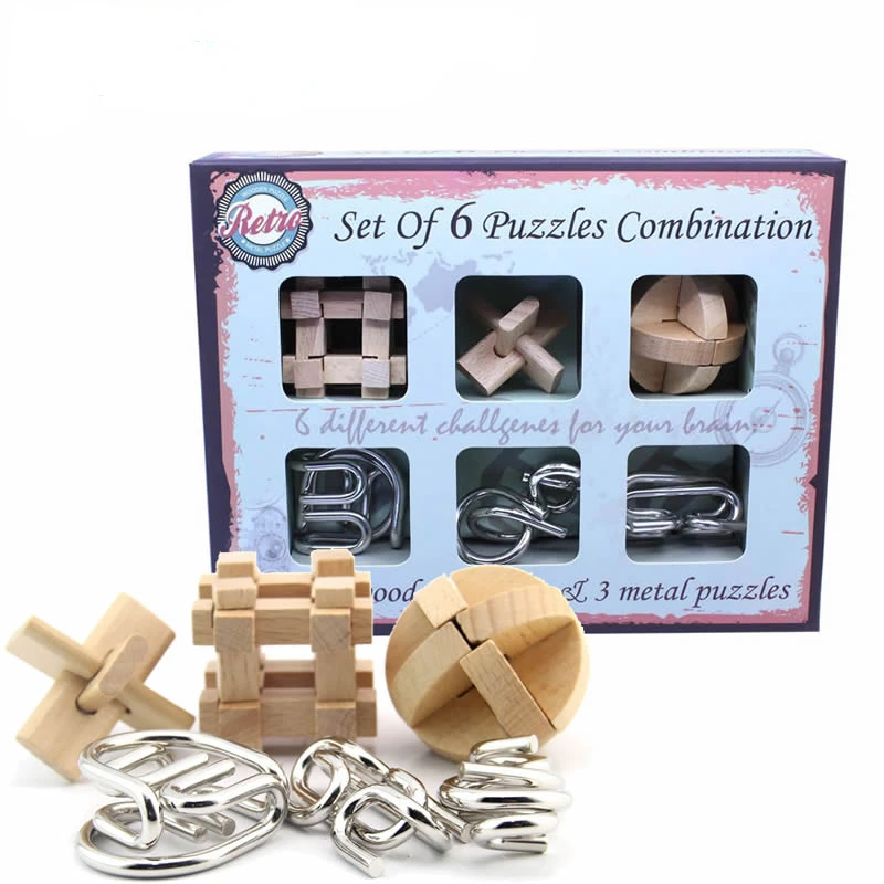 Wooden Puzzles mix 3D Metal Puzzles 6PCS/Set Combination Kong Ming Lock Wire Intelligence Buckle Interlocked IQ Collection Toys
Wooden Puzzles mix 3D Metal Puzzles 6PCS/Set Combination Kong Ming Lock Wire Intelligence Buckle Interlocked IQ Collection Toys