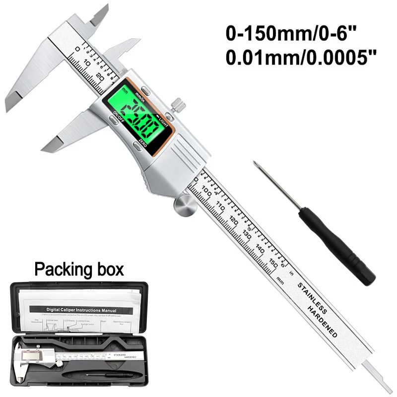 Stainless Steel Metal Shell Digital Caliper Electronic Vernier Caliper Backlit Screen 0-150mm Digital Vernier Measuring Tools
Stainless Steel Metal Shell Digital Caliper Electronic Vernier Caliper Backlit Screen 0-150mm Digital Vernier Measuring Tools