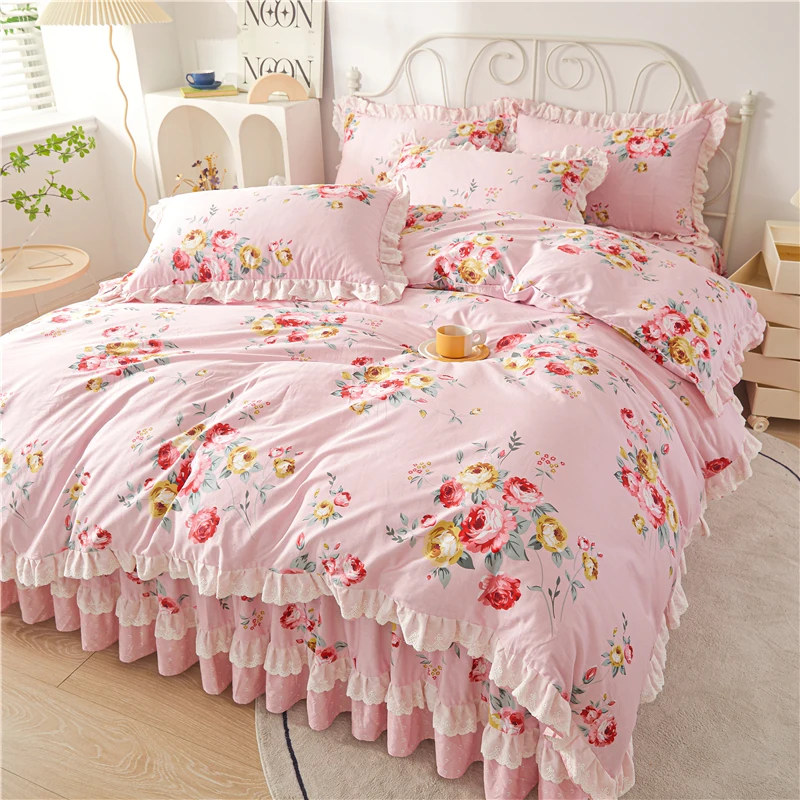 

Flowers Print Ruffle Bedding Quilt Cover Set 100% Cotton Comforter/Duvet Cover Pillowcases Princess Bedclothes Home Textiles