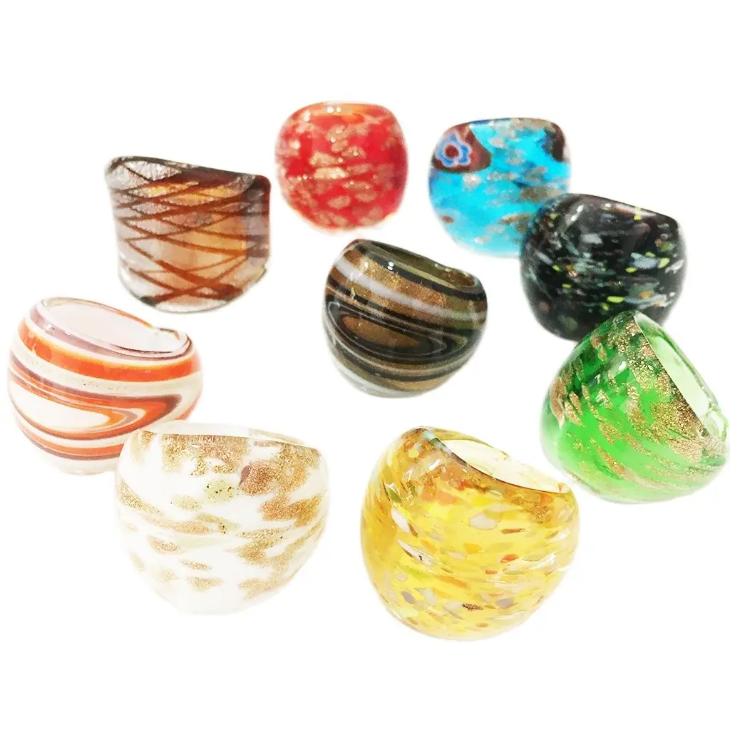 

9PCS Wholesale Randomly Mix Color Lampwork Glass Murano Rings For Women Free Shipping Gold Foil Color 17-19mm Band Random Model