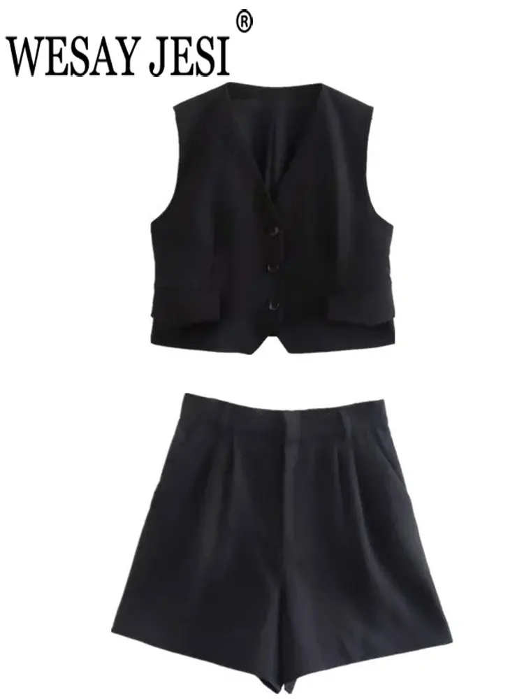 WESAY JESI Summer 2022 New Suits Solid Black V Neck Sleeveless Chic Single Breasted Top + Hight Waist Shorts Street Casual Wear
WESAY JESI Summer 2022 New Suits Solid Black V Neck Sleeveless Chic Single Breasted Top + Hight Waist Shorts Street Casual Wear