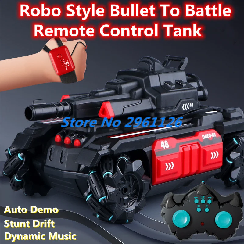 

All Terrain Off Road Wireless Control Tank 2.4G Stunt Drift Dynamic Music Gesture Sense Turret Rotation Auto Demo RC Tank Model