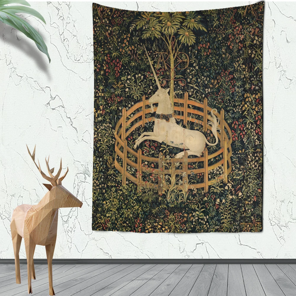 

The Unicorn In Captivity Wall Tapestry for Bedroom Living Room Home Decoration Animal Wall Retro European Style Hanging Curtain