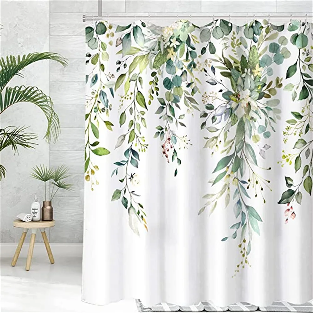 

Штора для душа из зеленого эвкалипта, акварельная декоративная занавеска из ткани с цветами, листьями растений, растениями, растениями, крючками для ванной комнаты