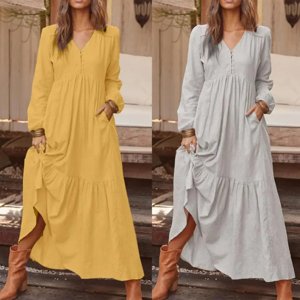 Hot apparel summer Vintage Solid Color Cotton Linen V Neck Long Sleeve Kaftan Women Maxi Dress
Hot apparel summer Vintage Solid Color Cotton Linen V Neck Long Sleeve Kaftan Women Maxi Dress