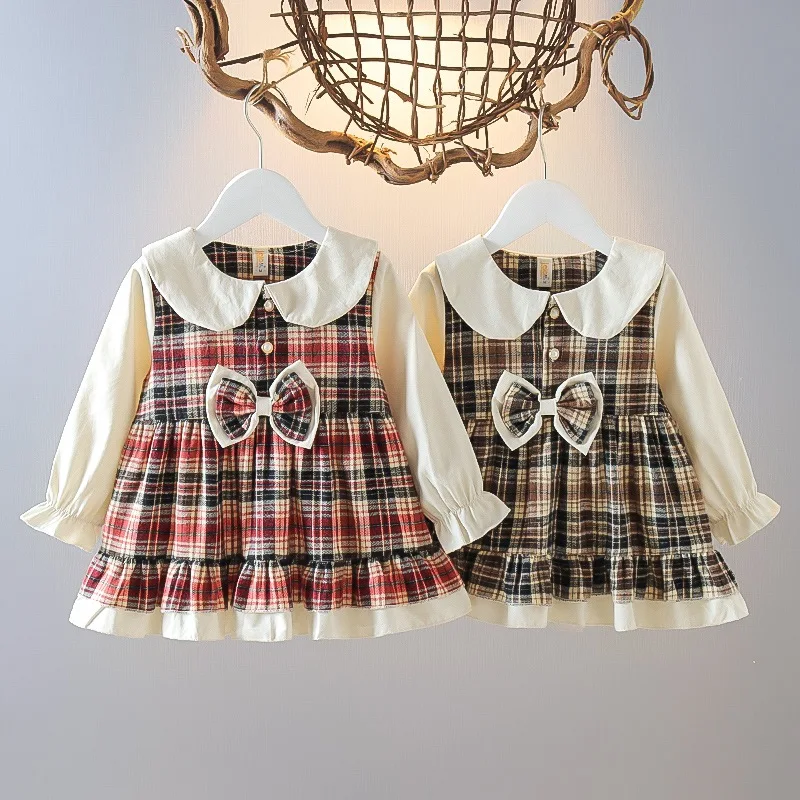 

Lotita Style Infant Baby Girl Puff Long Sleeve Casual Dress Cotton Bowknot Plaid A-Line Dress For Holiday Party Spring Fall 0-3Y