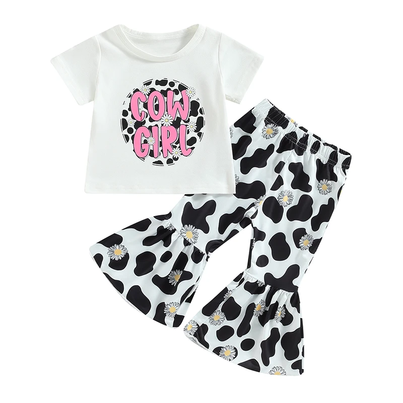 1-5 Years Toddlers Kids Girls Summer Outfits Cow Head/ Cow Pattern Print Short Sleeve T-shirt and Elastic Flare Pants Set
1-5 Years Toddlers Kids Girls Summer Outfits Cow Head/ Cow Pattern Print Short Sleeve T-shirt and Elastic Flare Pants Set