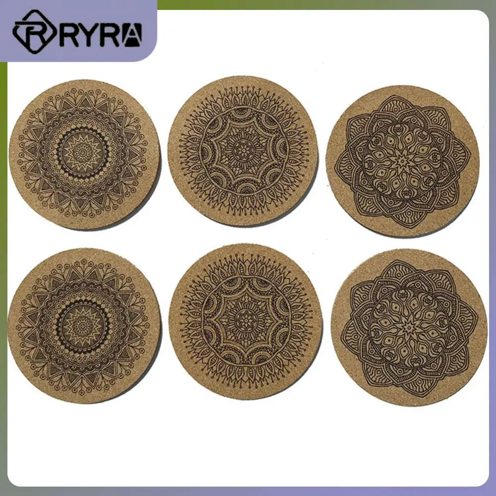 

6pcs Round Shape Wooden Coasters Creative Coffee Cup Pad With Rack Nordic Mandala Round Cork Coaster Non-slip 1 Set