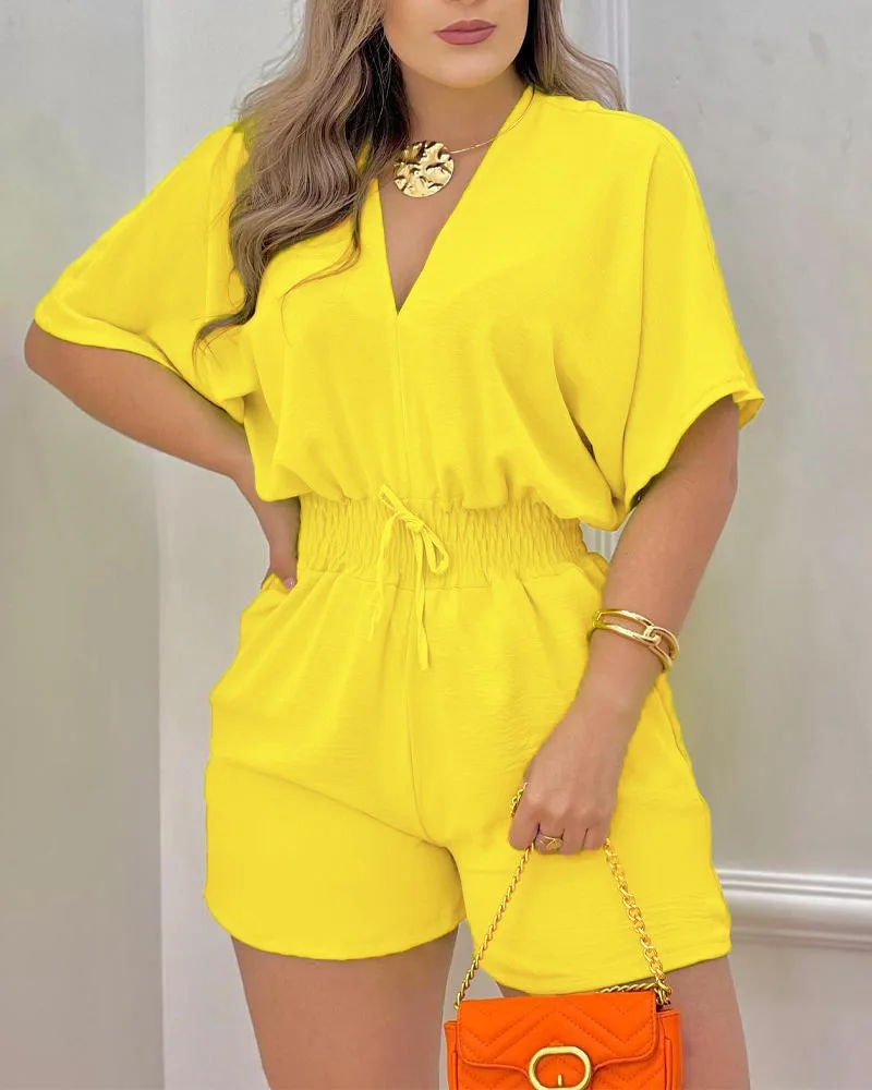 

Batwing Sleeve Shirred Waist Romper Women Summer Lace Up Solid Bandage V Neck Rompers & Playsuits Sexy Batwing Sleeve