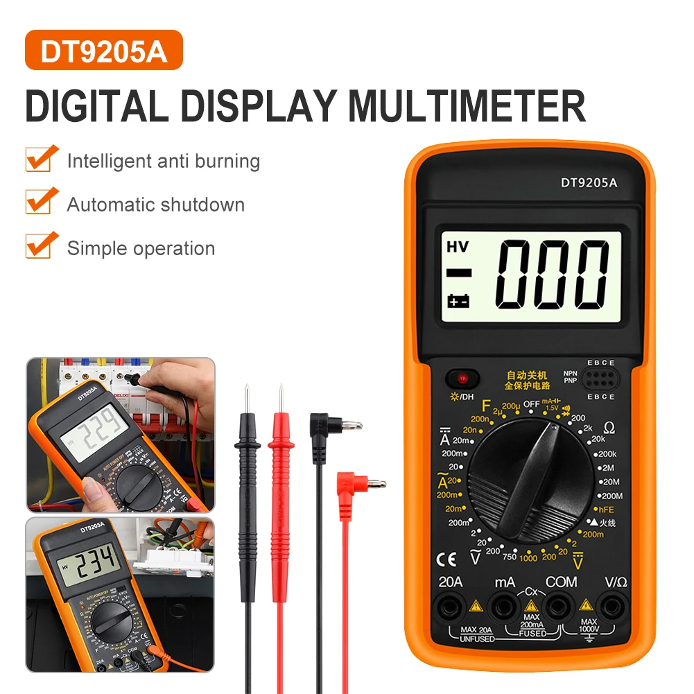 DT9205 Digital Multimeter with LCD Screen Measure AC/DC Voltage Current Resistance Capacitance Temperature Tester
DT9205 Digital Multimeter with LCD Screen Measure AC/DC Voltage Current Resistance Capacitance Temperature Tester