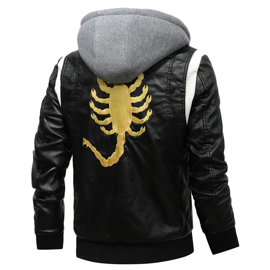 2021 New Spring Leather Men's Jacket Removable Hoodied Scorpion Embroidery Motorcycle Jacket Men Slim Fit Leather Mens Jackets
2021 New Spring Leather Men's Jacket Removable Hoodied Scorpion Embroidery Motorcycle Jacket Men Slim Fit Leather Mens Jackets