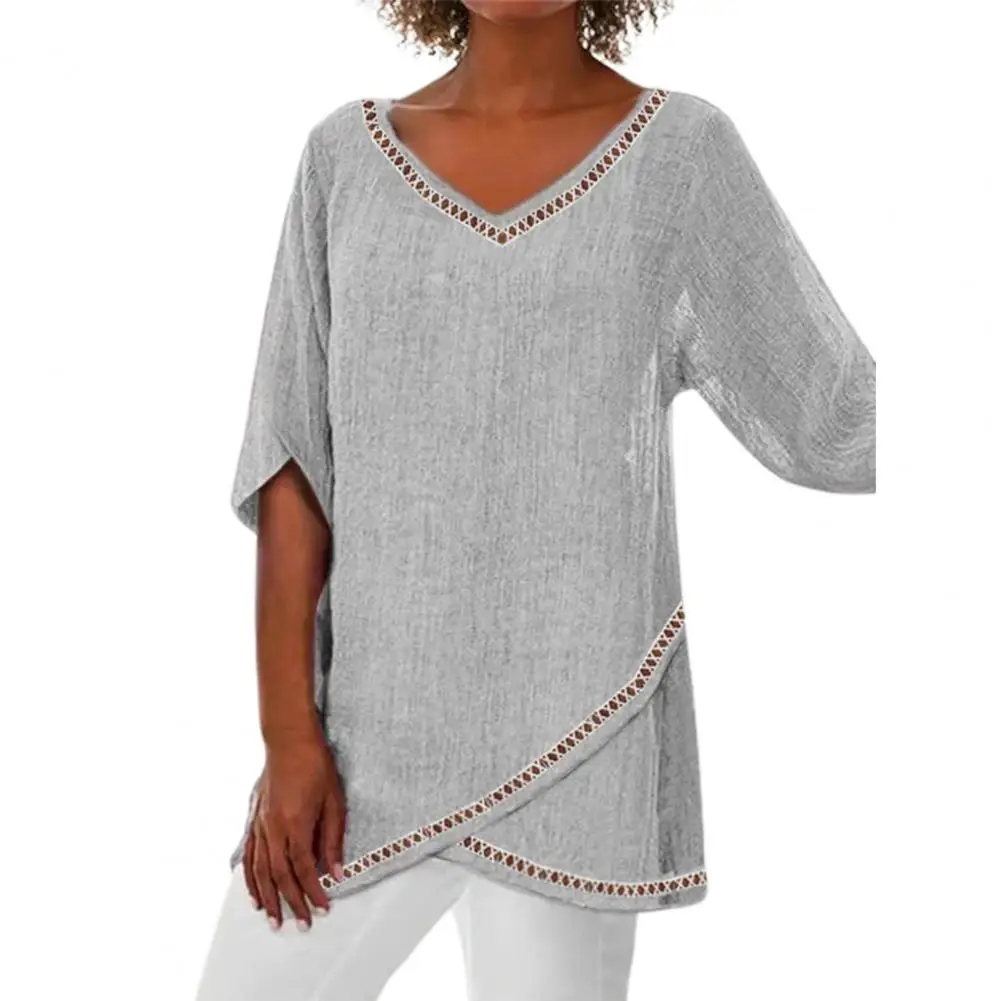 V-neck Half Sleeve Women Tops Irregular Hem Lace Stitching Pullover Tops Mid-length Pure Color Loose Tee Shirt Streetwear
V-neck Half Sleeve Women Tops Irregular Hem Lace Stitching Pullover Tops Mid-length Pure Color Loose Tee Shirt Streetwear