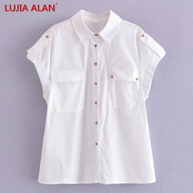 

New Women Button Decoration Flap Pockets White Shirt Female Fashion Short Sleeve Blouse Casual Loose Tops LUJIA ALAN B1757