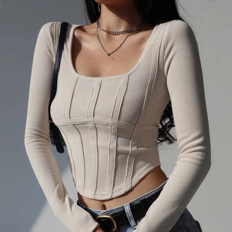 

y2k T-shirt Women Scoop Neck Rib Fitted Corset Cropped Top With Seam Details Long-sleeved T-shirt women's slim