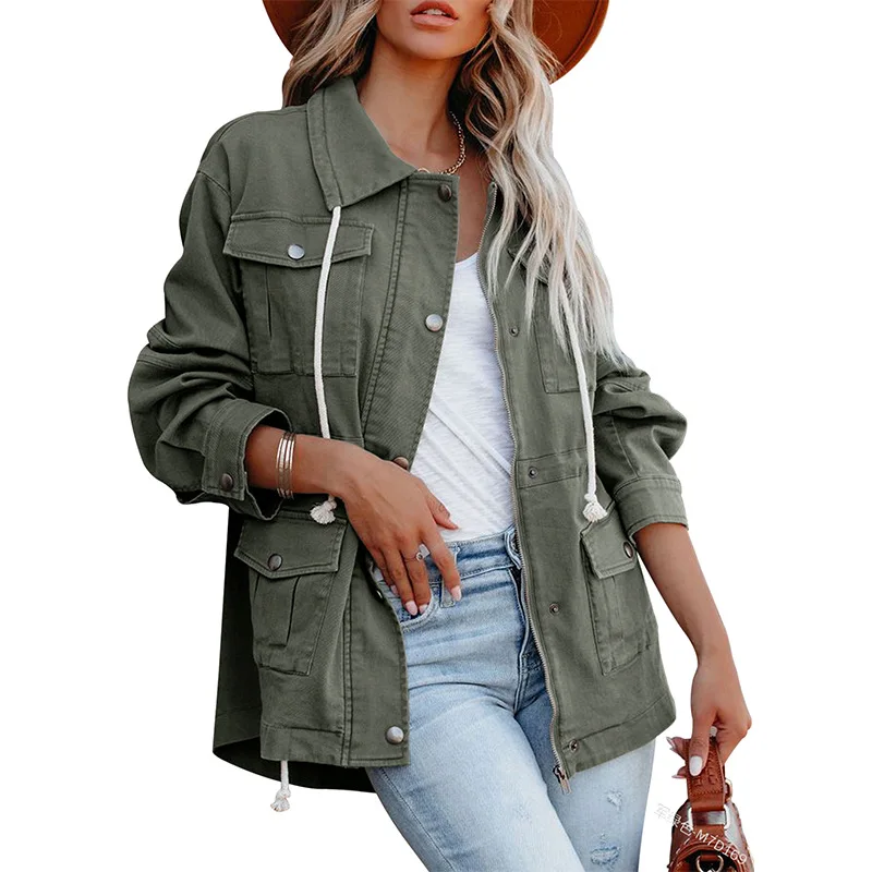 2022 Ladies Solid Color Polo Collar Zipper Single Row Hidden Hook Jacket Fashion Pocket Long Sleeve Drawstring Top Jacket Coat
2022 Ladies Solid Color Polo Collar Zipper Single Row Hidden Hook Jacket Fashion Pocket Long Sleeve Drawstring Top Jacket Coat