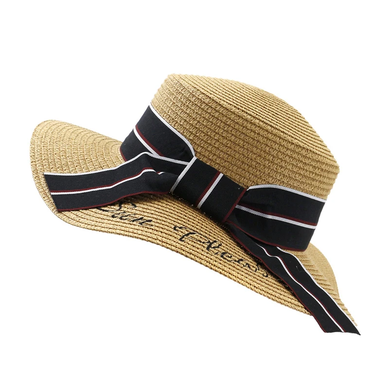 

Summer Women Sun Protection Floppy Boater Hats Wide Brim Paper Straw Hat Flat Top Beach Panama Hat Cap Sombreros for Ladies